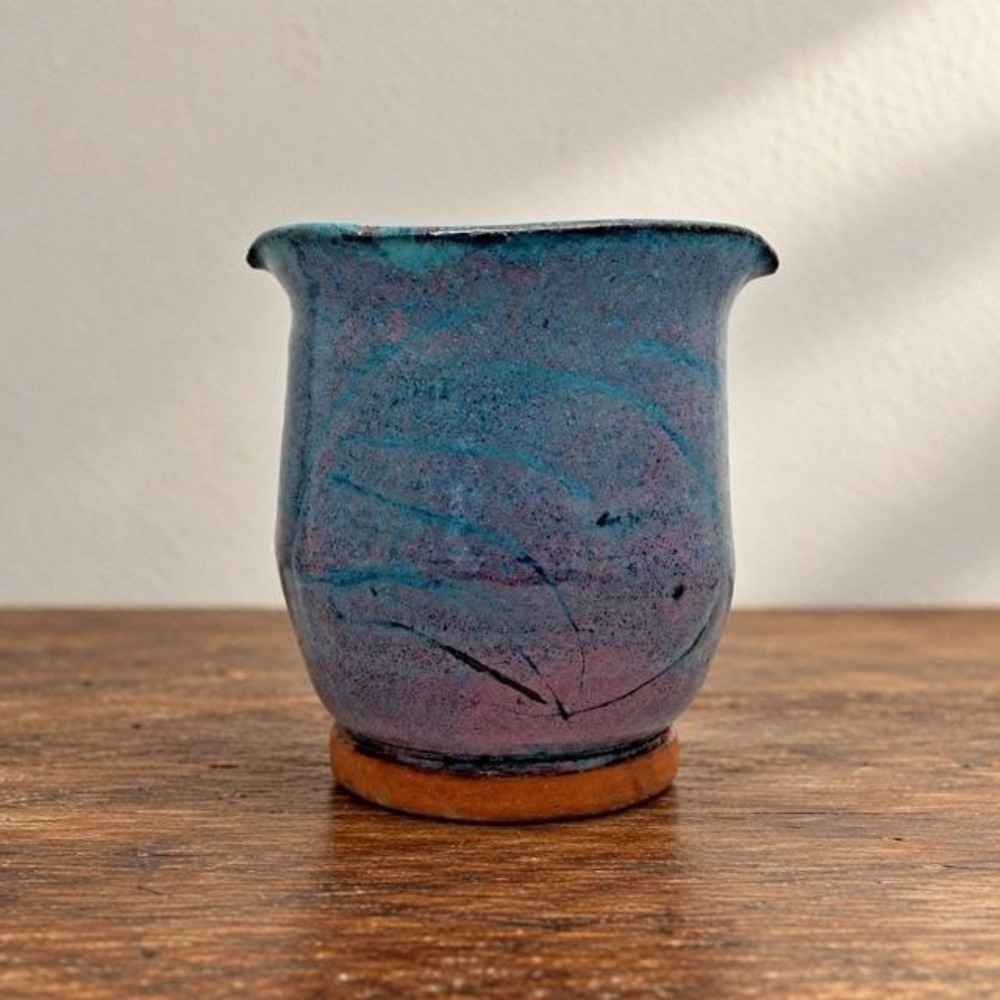 Vintage McGee Studio Pottery Dual Spout Vase Raku Teal Purple Signed